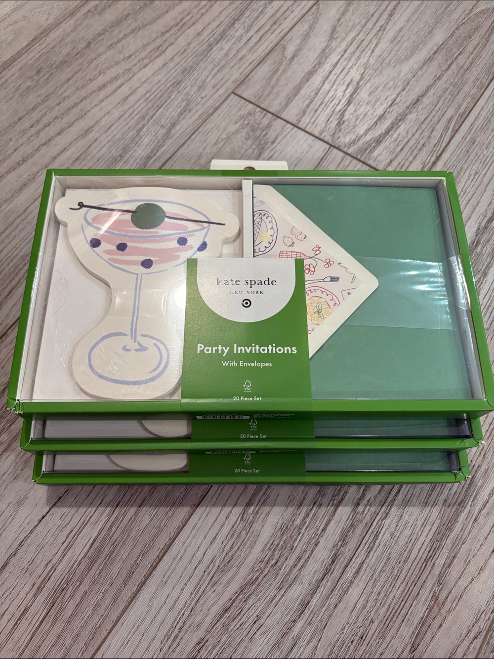Kate Spade ♠️ Green Cocktail Glass Party Invitations with Green Envelopes (Set)